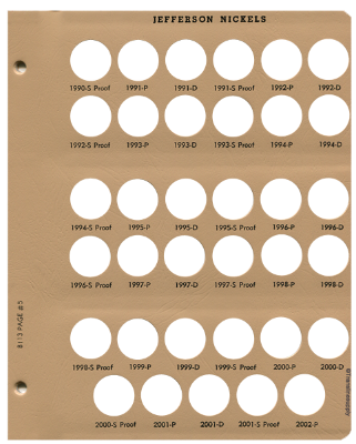 Jefferson Nickels with proof Replacement Page 5 1990-S Pr. to 2002-P