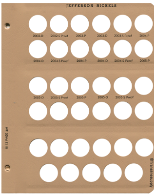Jefferson Nickels with Proof Replacement Page 6 2002-D to 2005-S Pr.
