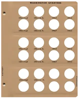 Washington Quarters with Proof Replacement Page 8 1994-S Pr.-1998-S Sil. Pr.